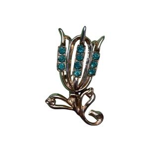 Vintage Gold Tone Aqua Rhinestone Tulip Brooch